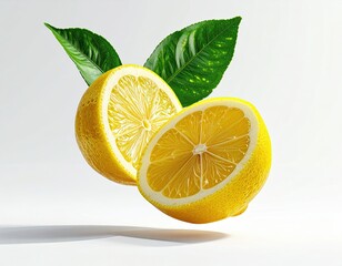 Two halves of a lemon, sliced open, suspended in mid-air, with vibrant green leaves