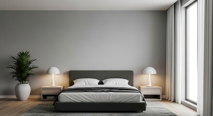 Modern minimalist bedroom interior design with gray walls.