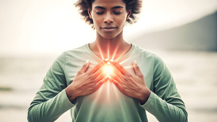 mental health awareness concept for work life balance. person gently touching their chest warm light radiance.