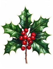 Vibrant holly branch art featuring glossy green leaves and bright red berries, isolated on a white background