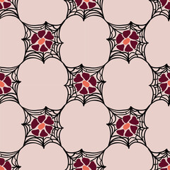 Elegant Halloween seamless pattern with square spiderwebs and flowers in deep red and orange tones on a soft pink background. Combines gothic and botanical elements in a modern, artistic style. 