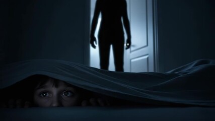 Nighttime scary stories unfold as terrified person hides under covers from silhouette in doorway. Nighttime scary stories evoke primal fear as figure looms, suggesting sinister encounter.