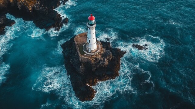 Aerial view of a lighthouse on a small rocky islet, surrounded by choppy blue-toned ocean waves
