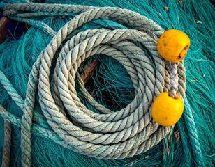 Twisted fishing rope coiled amongst teal fishing nets