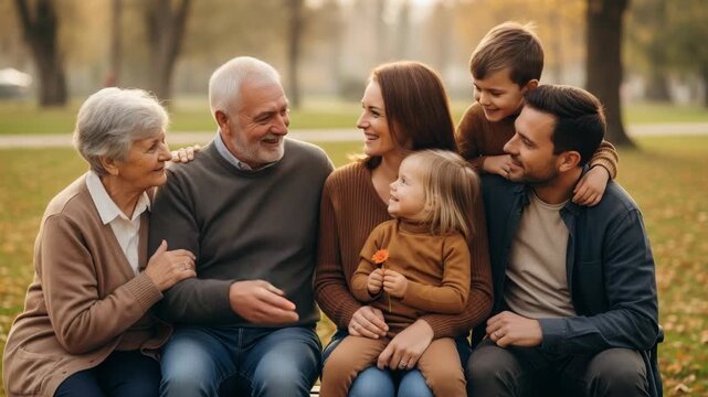 Three generation family sitting together during fall, enjoying precious moments in park. Family shows beautiful intergenerational connection with grandparents, parents and children.