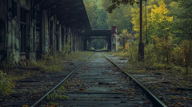Abandoned train tracks, overgrown with foliage, leading into a tunnel-like structure