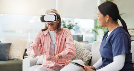 Doctor, senior woman or virtual reality in nursing home for cognitive simulation or healthcare. Nurse, elderly or female person in retirement center with VR, 3d technology or futuristic patient care