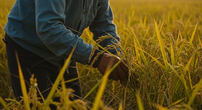Farmer planting rice in a lush green paddy field during bright daylight with the focus on hands and rice seedlings and a blurred background of the expansive agricultural landscape