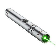 Silver laser pointer with green beam isolated on transparent background