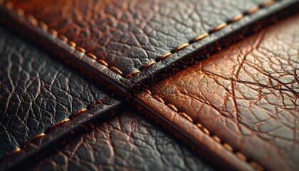 Stitched leather with saddle stitching and natural grain warm light and left margin copy space clean craft background