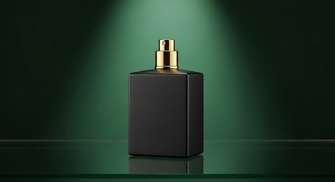 Luxury matte black perfume bottle with a gold cap on a glass shelf under a spotlight against a dark green background.