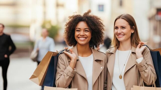 Shopping with friends shows two happy women walking with shopping bags after visiting boutiques. Shopping with friends brings joy and excitement for new clothes, shoes, and accessories in store.