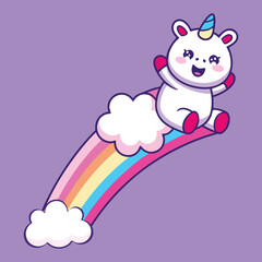 Fototapeta premium Adorable Cartoon Unicorn With A Rainbow On A Lavender Background Suitable For Children Illustration Or Design