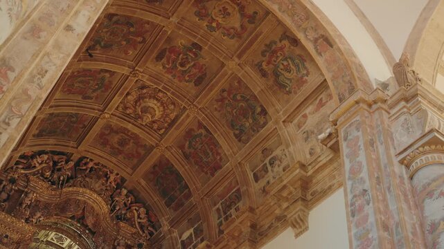 ornate painted wooden coffered ceiling and skylight in s&atilde;o gon&ccedil;alo church sacristy