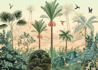 Wallpaper Jungle and Leaves Tropical Forest Mural Parrot and Birds Butterflies Old Drawing Vintage Background. © Sharif