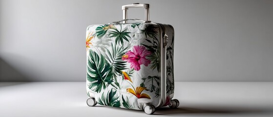 Tropical floral suitcase with wheels and retractable handle, against a neutral backdrop