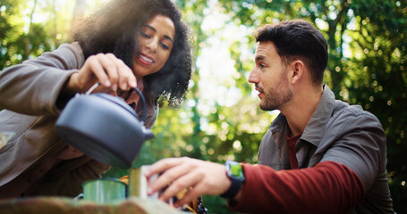 Camping, kettle and help with couple in nature for travel destination, coffee break and boiling...