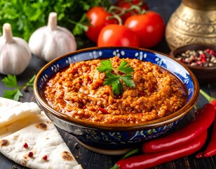 Spicy lentil dish in a bowl with ingredients