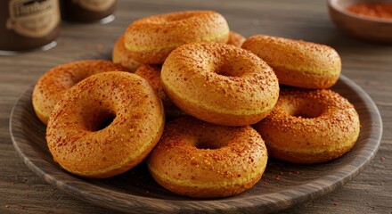 Freshly Baked Doughnuts with Spicy Topping on Wooden Plate for Delicious Snack or Dessert
