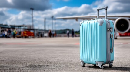 Turquoise suitcase on airport tarmac with plane and blurred people in background