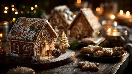 Iced gingerbread houses and cookies on festive table with candles and pine decor — perfect for holiday blogs, seasonal ads