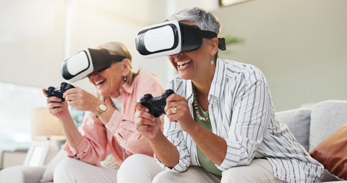 VR, video game and senior women on sofa with 3d technology, controller and fun in living room. Happy, friends and female people on couch in home with gaming console, virtual reality or AI simulation - Powered by Adobe