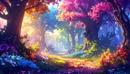 Vibrant colorful forest path