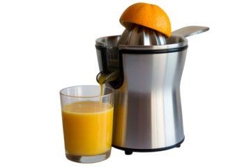 Orange juicer machine with a glass of fresh juice isolated on transparent background