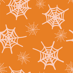Scattered spiderwebs creating a Halloween spooky scene, forming a minimal horror pattern in colors of cream on bright orange background. Holiday seamless vector pattern. Great for home decor, fabric.
