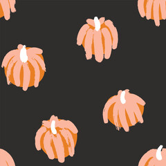 Cute hand painted pumpkins creating a minimal Halloween scene in colors of cream, off white and orange on black background. Holiday seamless vector pattern. Great for home decor, fabric, wallpaper.
