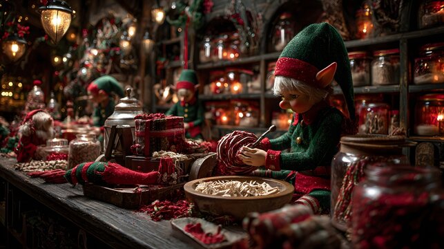 Santa&rsquo;s elves crafting gifts in magical North Pole workshop with sparkling lights &mdash; perfect for christmas campaigns, fantasy scenes