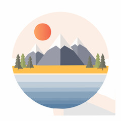 Naklejka premium Mountain lake at dawn, morning light and sun, minimalist landscape, vector illustration