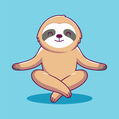 Obraz premium Cute Cartoon Sloth Meditating In Lotus Position Achieving Zen Peacefulness On A Vibrant Blue Background, Promoting Wellness.