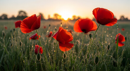 Obraz premium A vibrant field of red poppies at sunrise, glistening with dew in the golden light that creates a