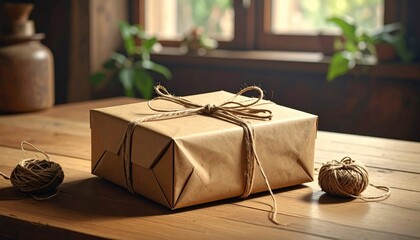 A beautifully wrapped gift box sits on a wooden table, tied with natural twine, creating a warm and inviting scene.