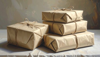 A still life arrangement of several packages wrapped in light beige paper and tied with twine.  The packages are stacked in a gentle composition, casting soft shadows on a white surface.