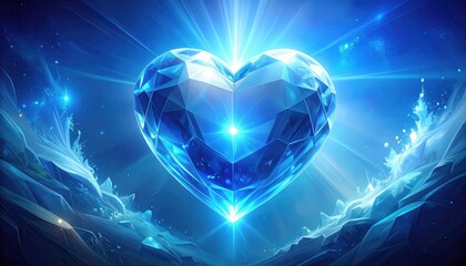 A brilliant, heart-shaped diamond radiates luminous blue light against a backdrop of icy landscapes.