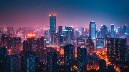 Obraz premium Night cityscape, vibrant lights illuminate modern buildings