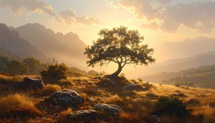 A solitary tree stands sentinel against a backdrop of golden mountains at sunrise, bathed in warm, tranquil light.