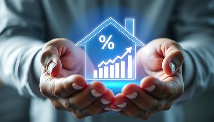 Hands holding glowing blue house icon with financial growth chart and percentage symbol home real estate