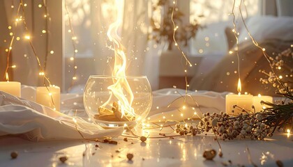 A warm and inviting indoor scene featuring flickering flames in a glass bowl, surrounded by soft lighting, candles, and decorative elements.