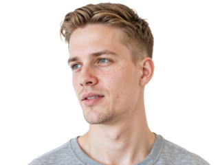 A young man with light brown hair and blue eyes stands against a plain white wall, portraying a thoughtful expression. He wears a simple gray shirt and appears relaxed.
