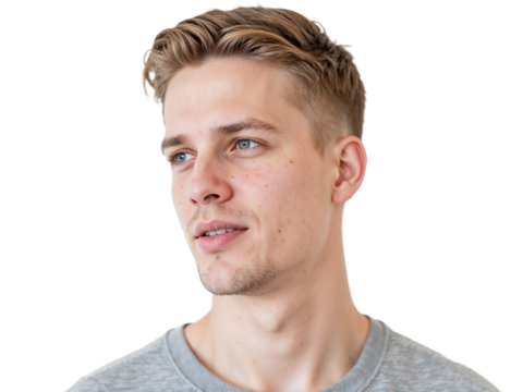 A young man with light brown hair and blue eyes stands against a plain white wall, portraying a thoughtful expression. He wears a simple gray shirt and appears relaxed.