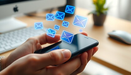 Person using smartphone with digital email icons hovering over the device in a workspace hands mobile phone
