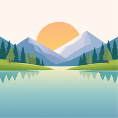 Naklejka premium Mountain lake at dawn, morning light and sun, minimalist landscape, vector illustration