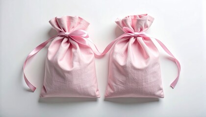 Two pale pink fabric gift bags, tied with delicate ribbons, sit on a white background, creating a simple and elegant presentation.