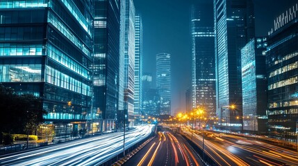 Night cityscape with illuminated skyscrapers and a busy highway