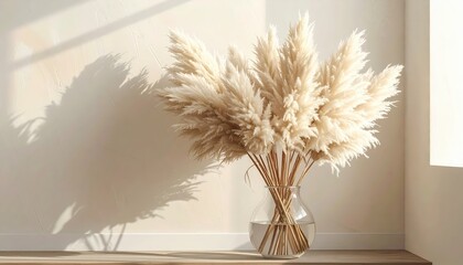A beautiful bouquet of pampas grass in a clear glass vase, bathed in soft sunlight, casts elegant shadows on a light beige wall.