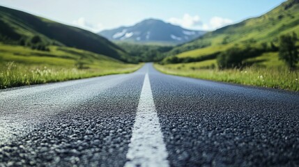 A country road winds through a valley, leading into a mountain range