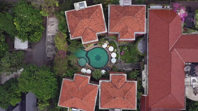 Deluxe villa resort of Bali Sanur with room pool view drone shot